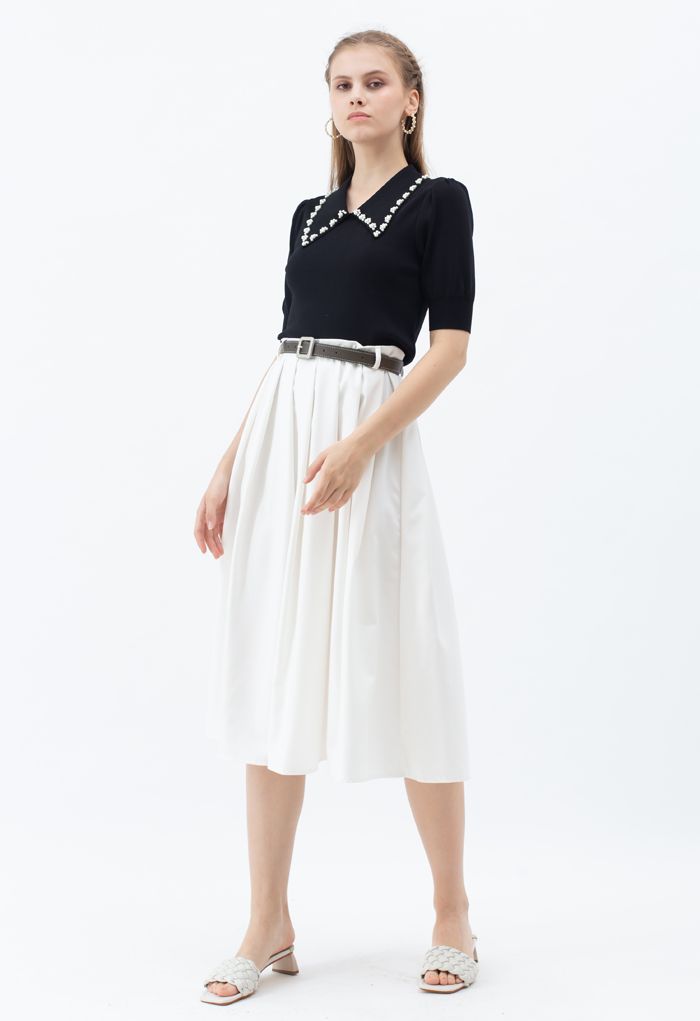 Classic Belted Pleated Midi Skirt in White