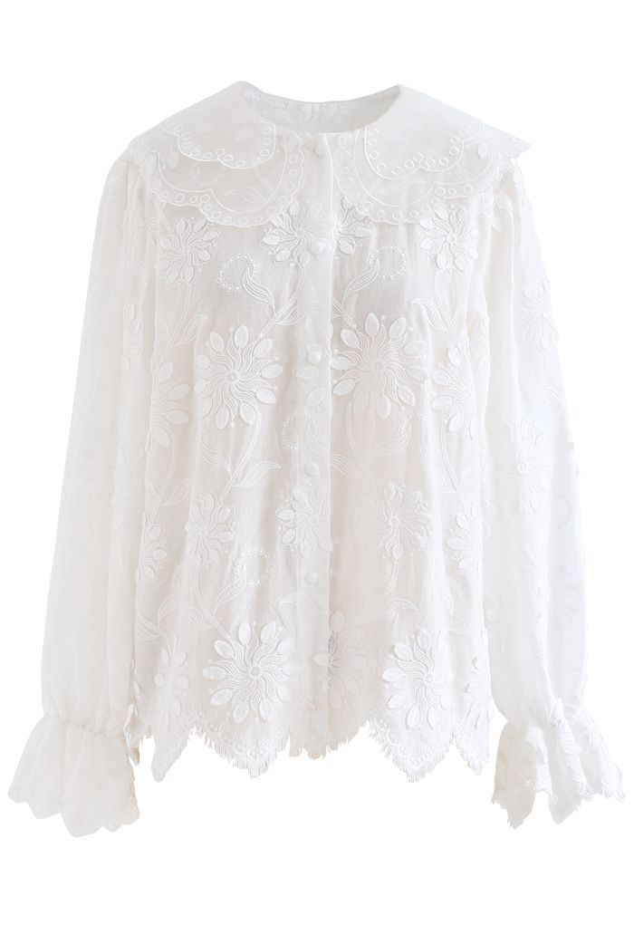 Organza Neck Delicate Embroidered Shirt in White