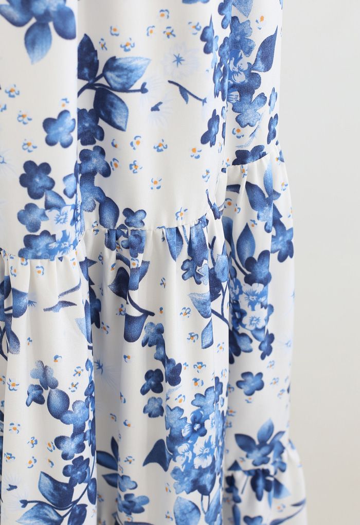 Blue Floral Printed Wrap Frilling Dress