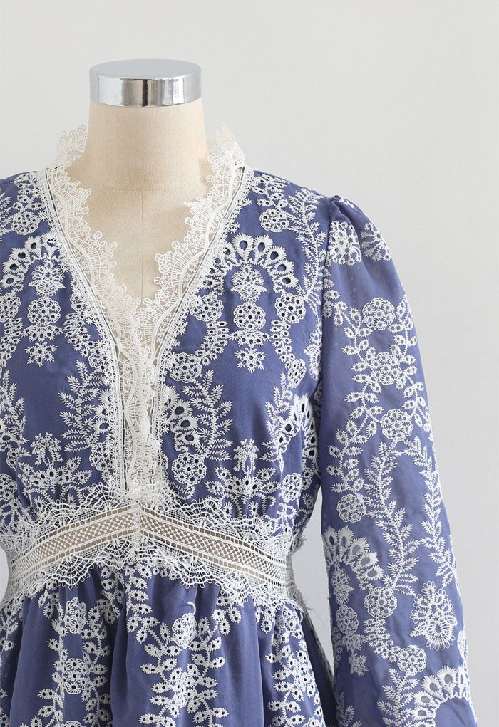 V-Neck Crochet Embroidered Dress