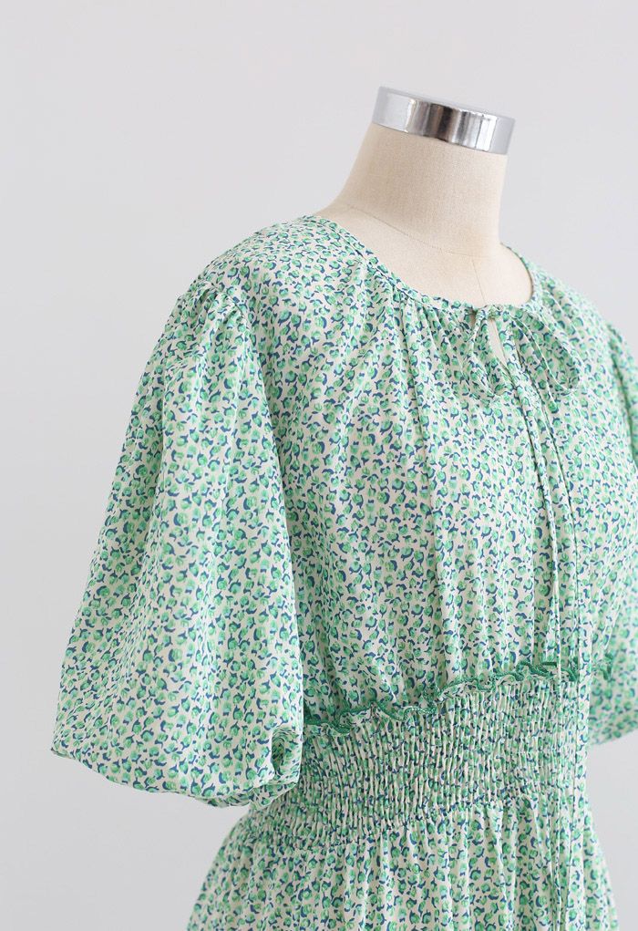 Ruffle Detail Ditsy Floral Shirred Dress in Green