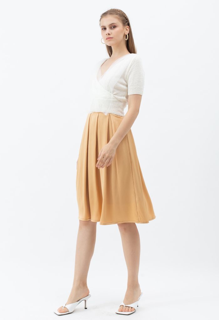 Polished Textured Pleated Midi Skirt in Apricot