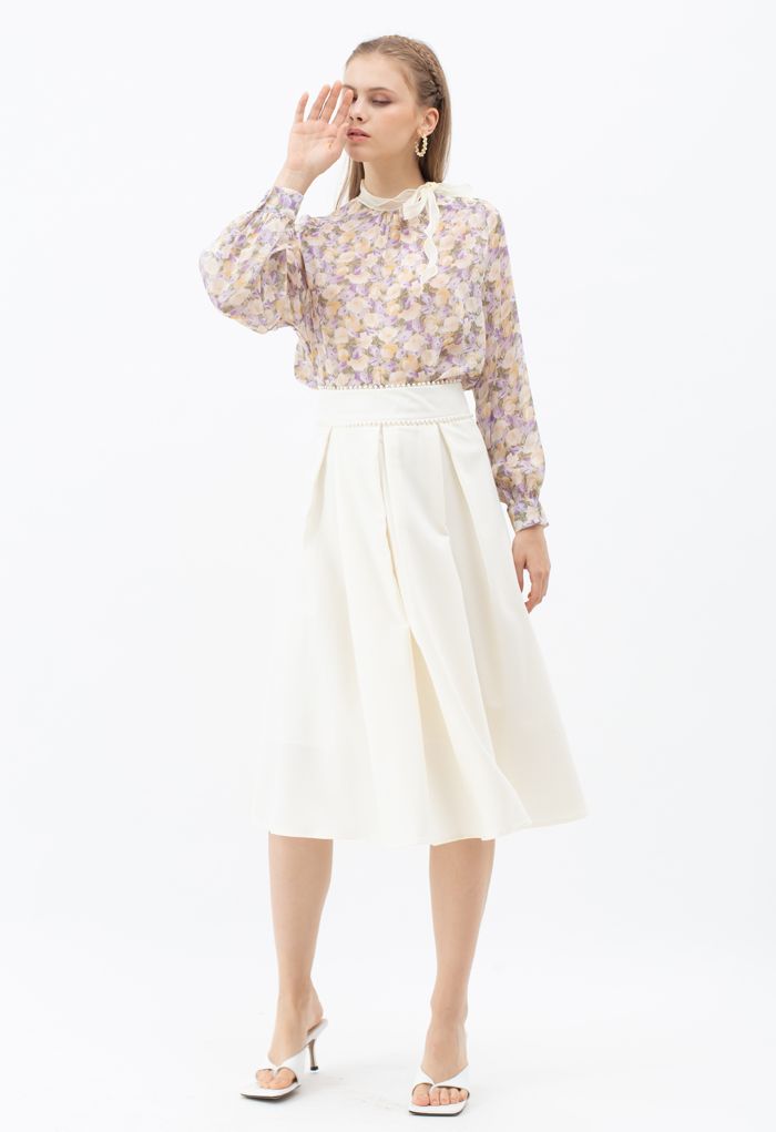Pearly Waist Pleated Midi Skirt in White