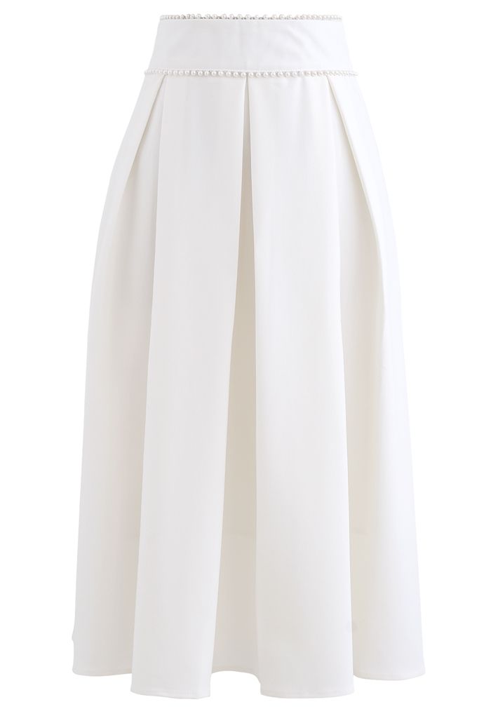 Pearly Waist Pleated Midi Skirt in White