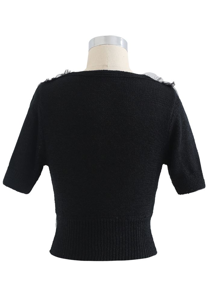 Mesh Overlay Wrap Crop Knit Top in Black