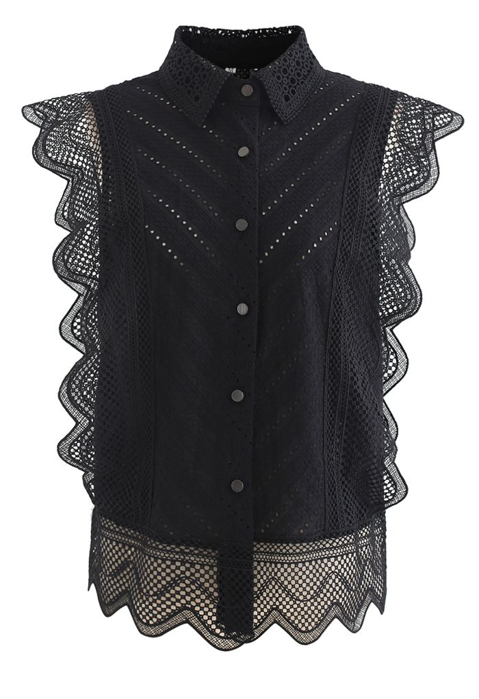 Wavy Lace Eyelet Embroidered Sleeveless Shirt in Black