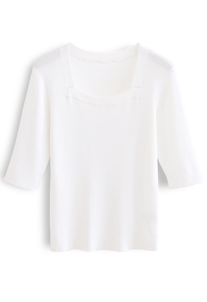 Mid-Length Sleeves Square Neck Knit Top in White