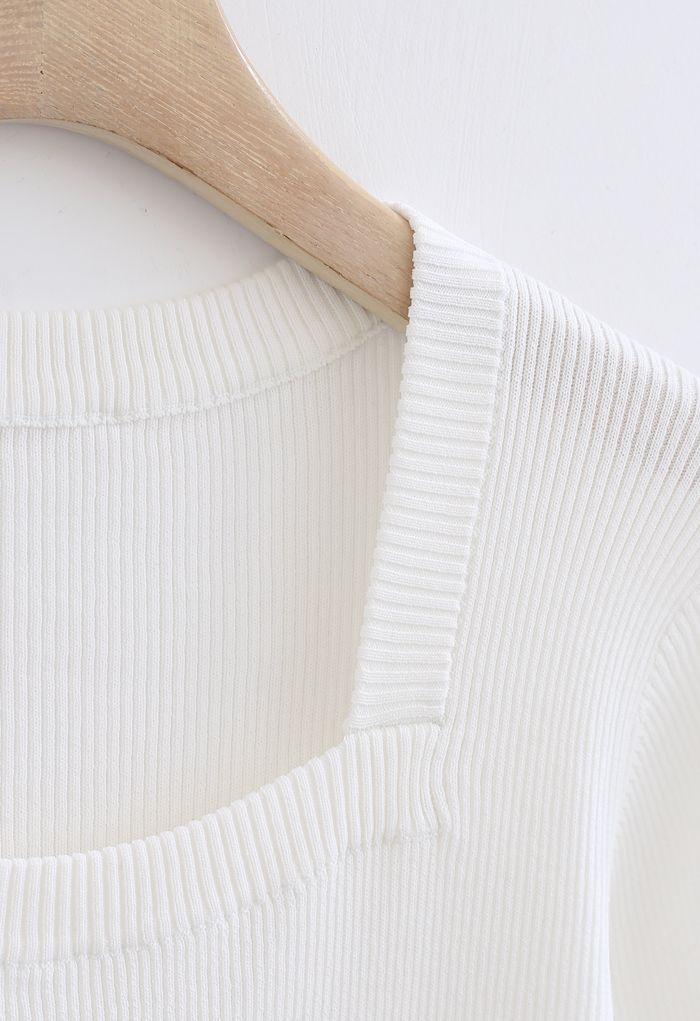Mid-Length Sleeves Square Neck Knit Top in White