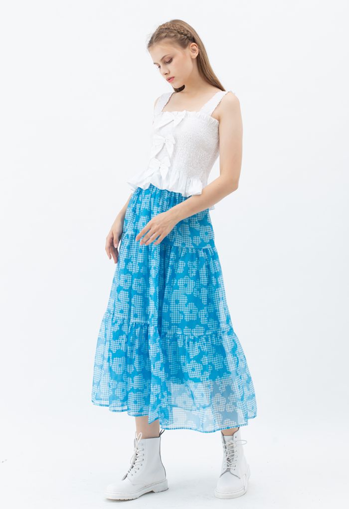 Gingham Flower Frilling Organza Skirt