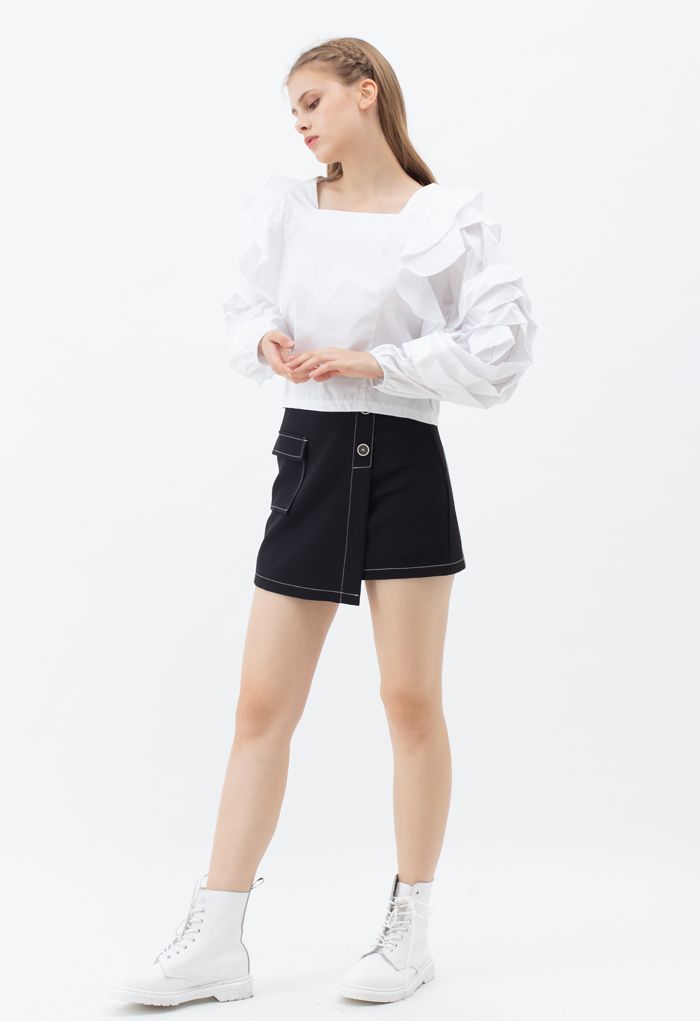 Contrast Line Buttoned Flap Mini Skirt in Black
