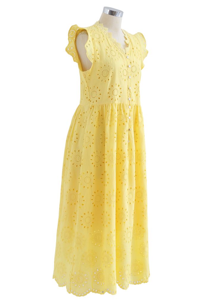 Allover Eyelet Embroidery Buttoned Sleeveless Dress in Yellow