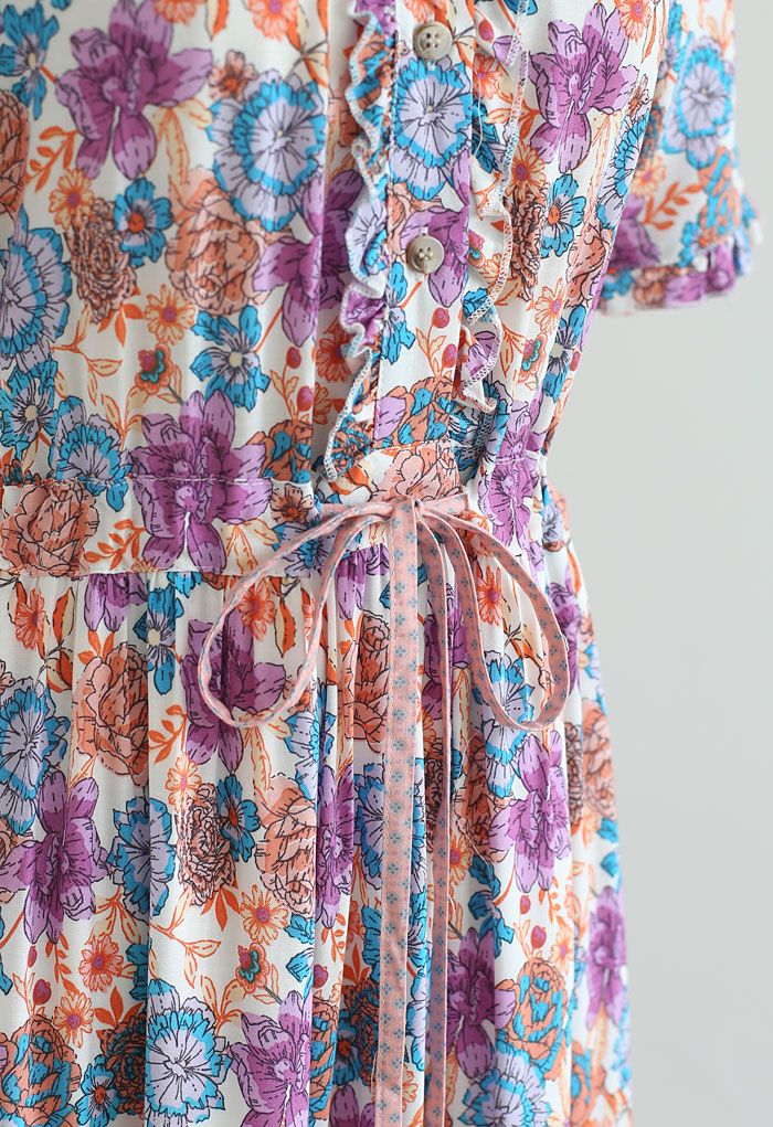Drawstring Waist Floral Buttoned Boho Maxi Dress in Lilac