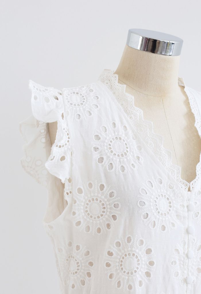 Allover Eyelet Embroidery Buttoned Sleeveless Dress in White