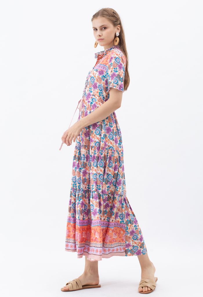 Drawstring Waist Floral Buttoned Boho Maxi Dress in Lilac