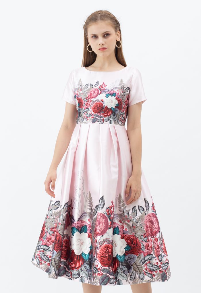 Flourishing Flower Short-Sleeve Pleated Dress