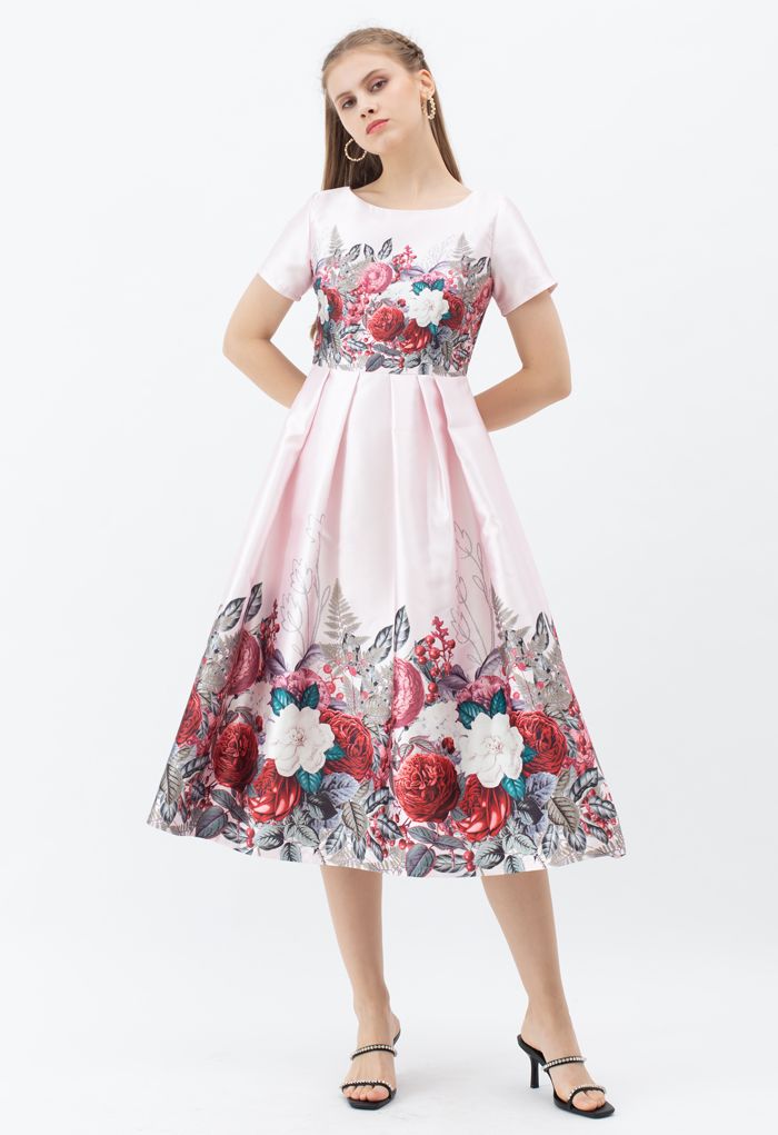 Flourishing Flower Short-Sleeve Pleated Dress