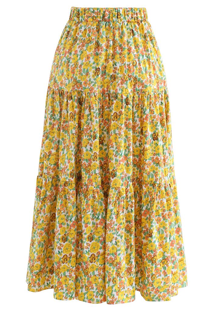 Yellow Floret Frilling Cotton Skirt