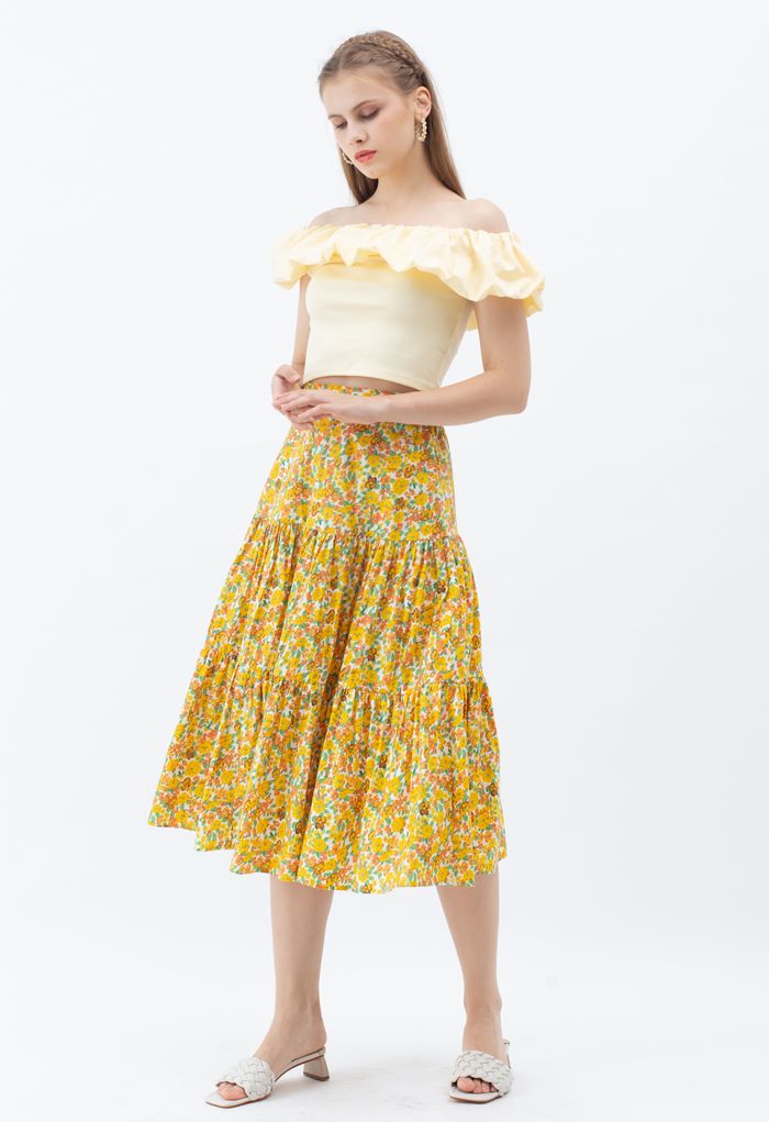 Yellow Floret Frilling Cotton Skirt