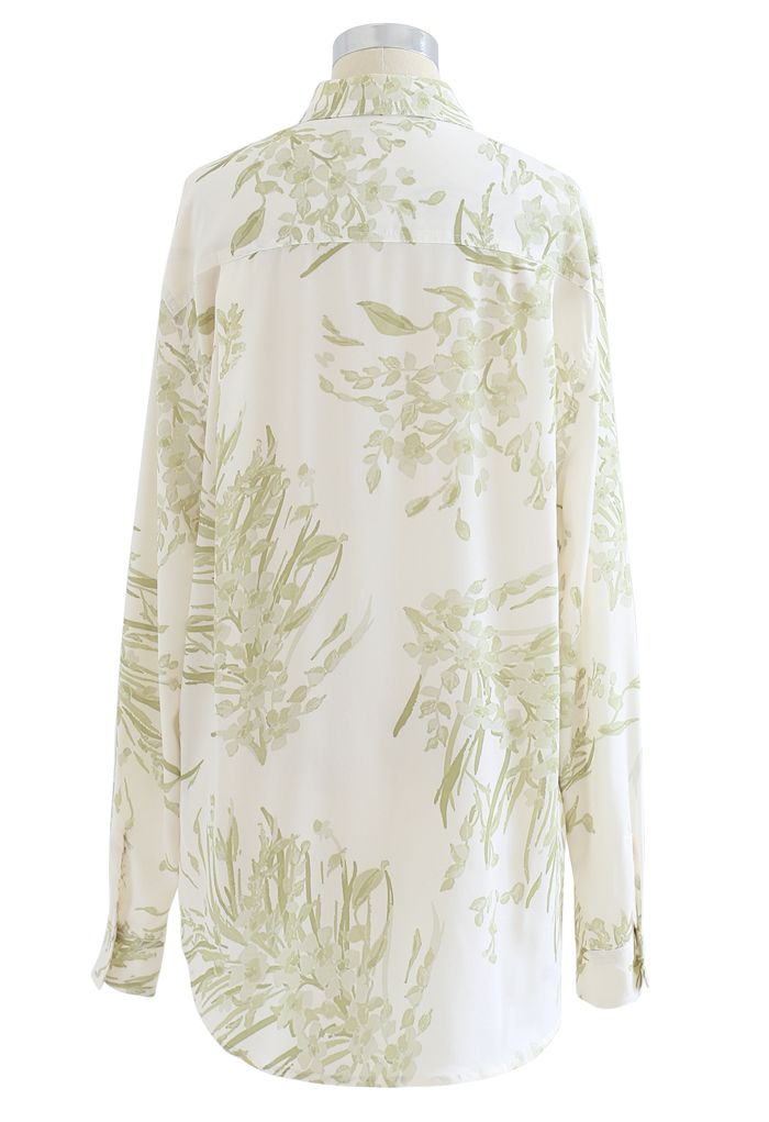 Dainty Floral Print Longline Shirt in Moss Green