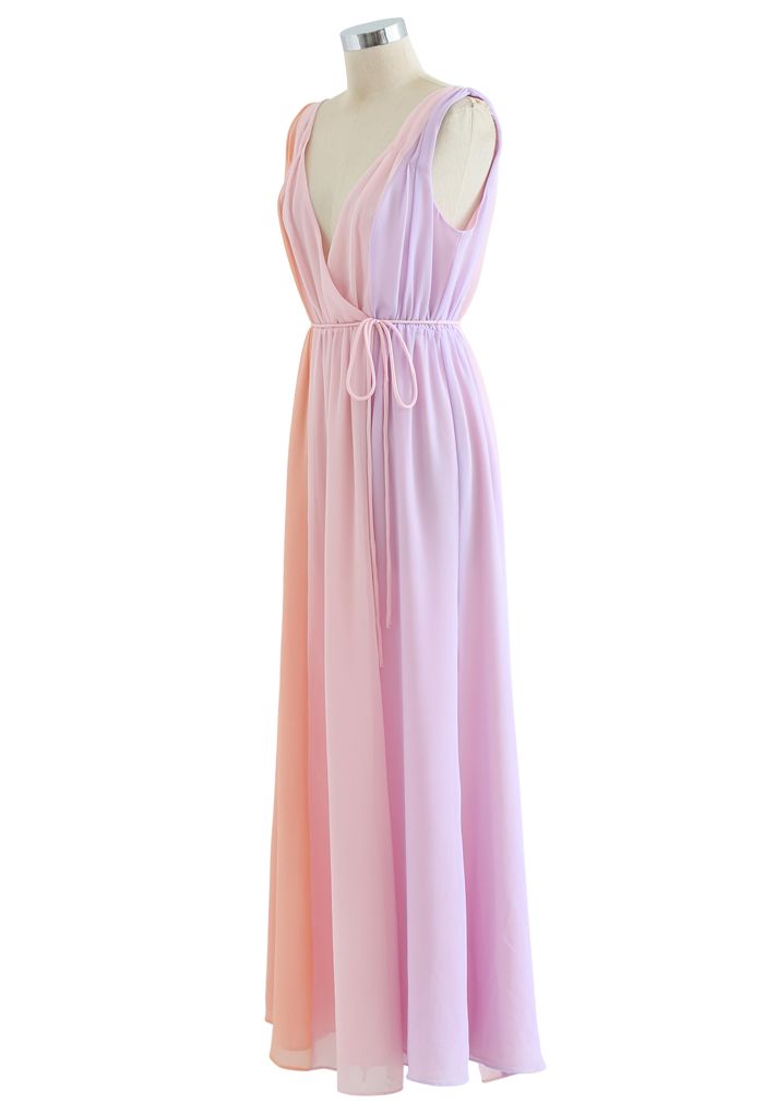 Pastel Color Block Deep V-Neck Chiffon Maxi Dress
