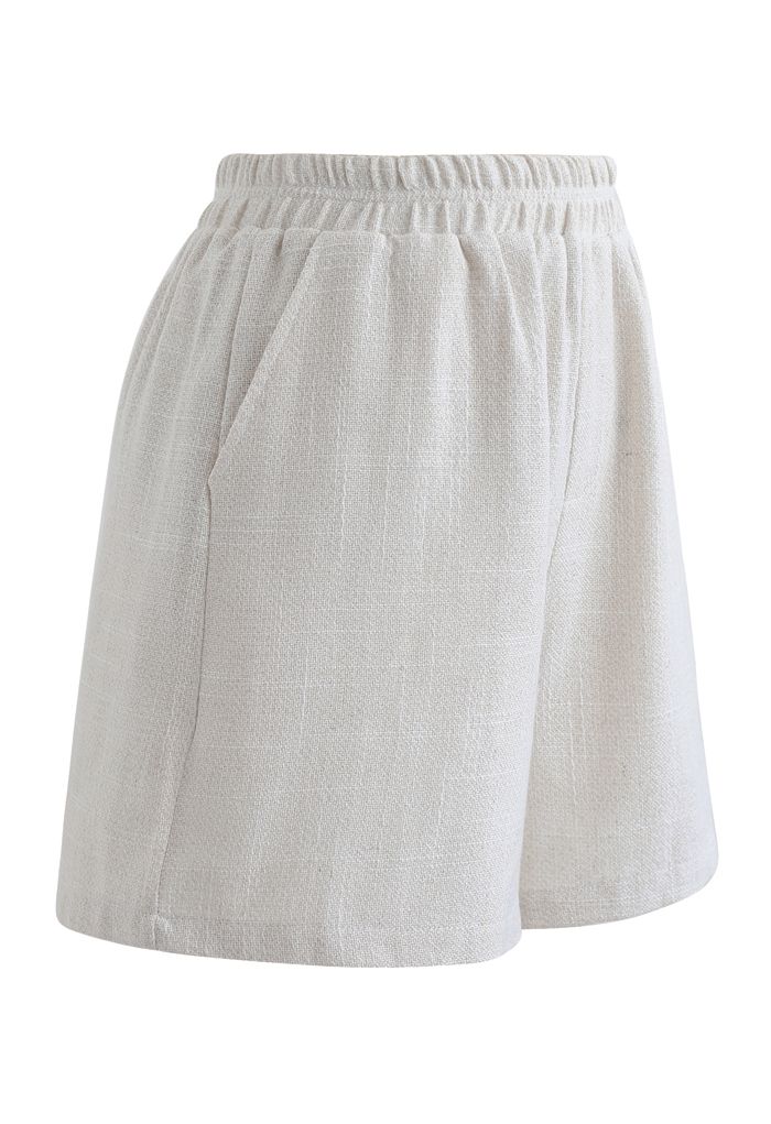 Elastic Waist Pockets Cotton Linen Shorts in Ivory