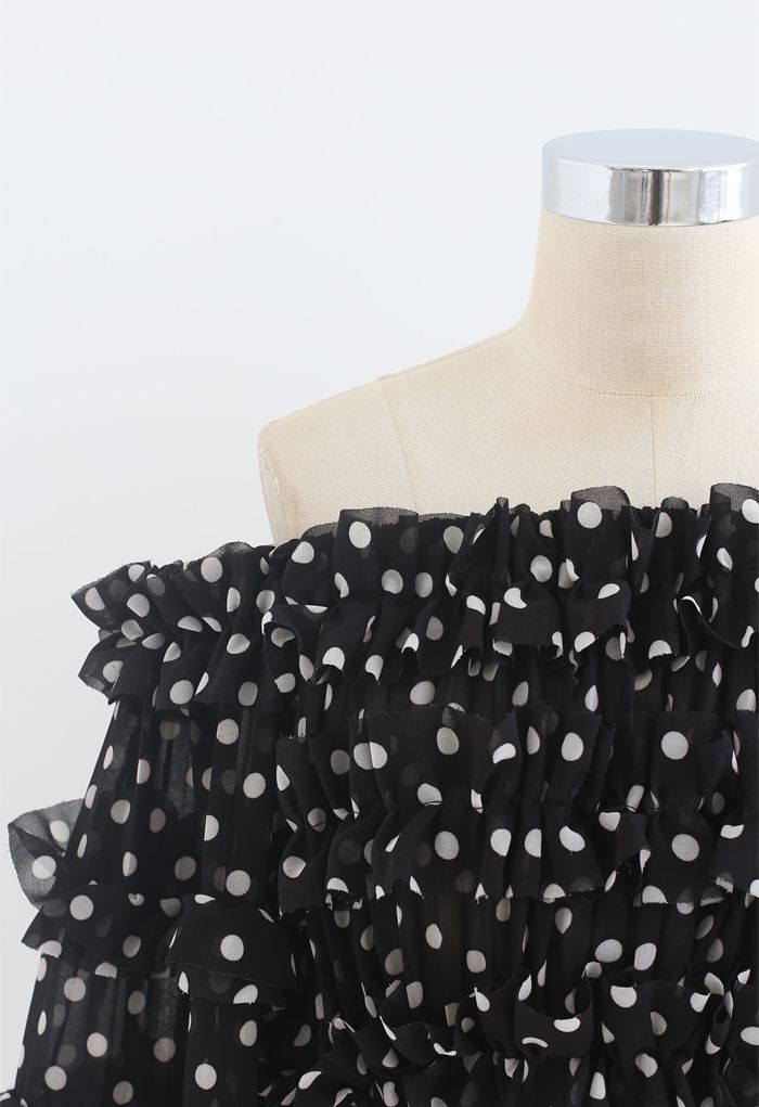 Polka Dots Off-Shoulder Ruffled Crop Top in Black