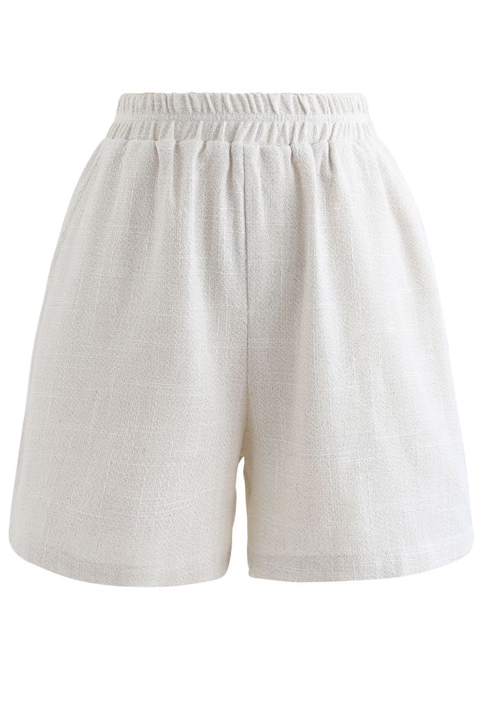 Elastic Waist Pockets Cotton Linen Shorts in Ivory