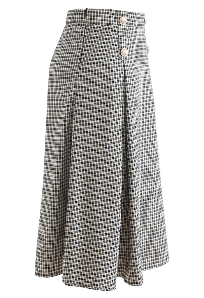 Button Decorated Pleated Gingham Skirt in Black
