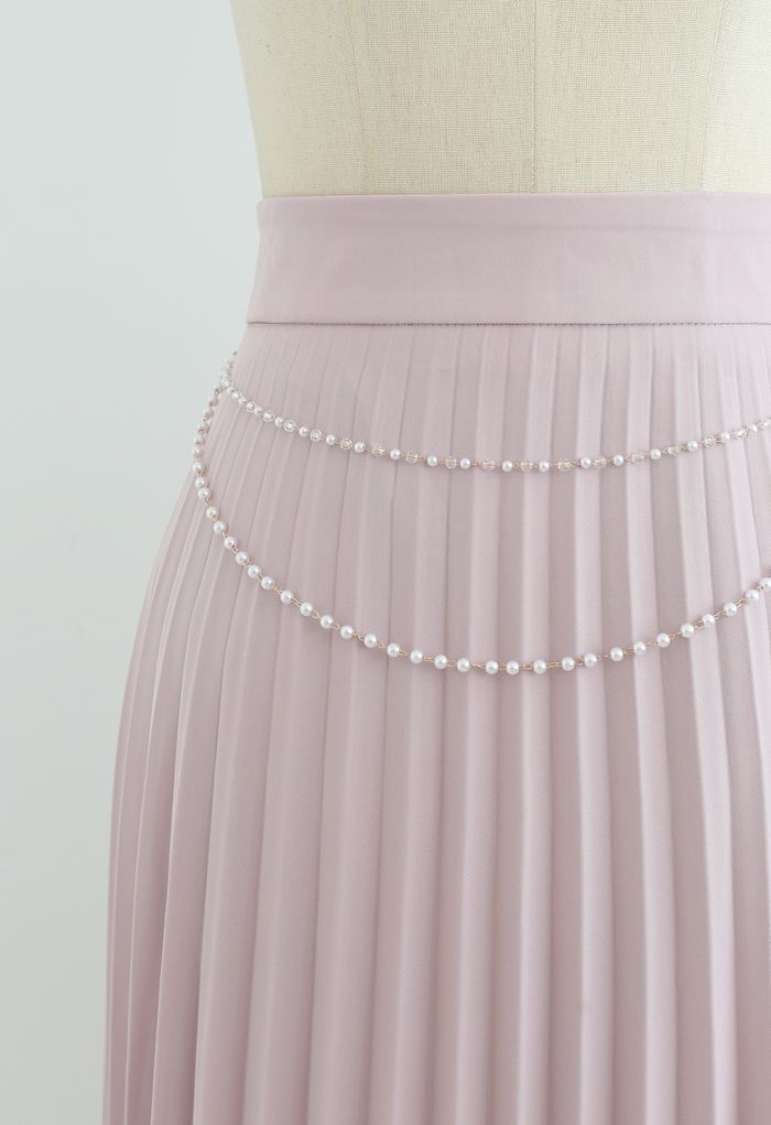Draped Chain Pleated Midi Skirt in Pink
