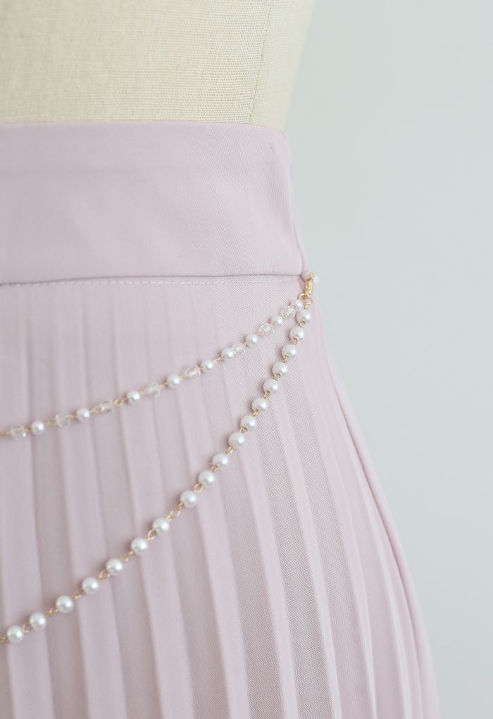 Draped Chain Pleated Midi Skirt in Pink