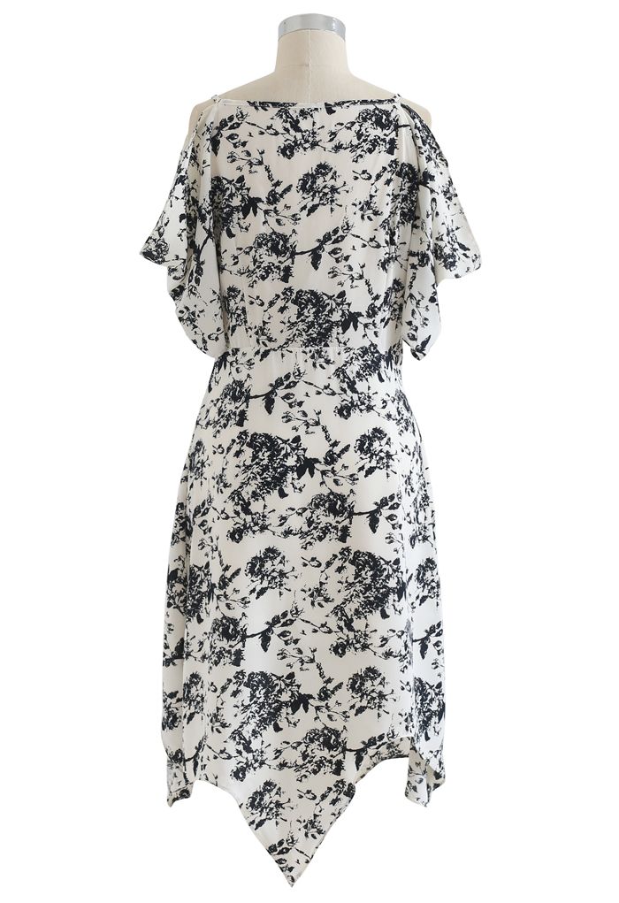 Sketch Floral Print Cold-Shoulder Asymmetric Dress