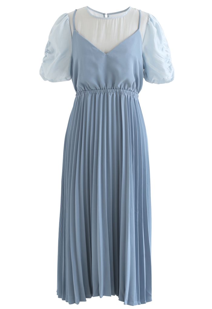 Fake Two-Piece Pleated Midi Dress in Blue