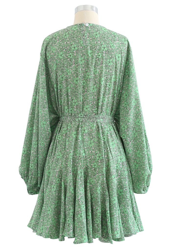Green Floret Bubble Sleeves Frilling Dress
