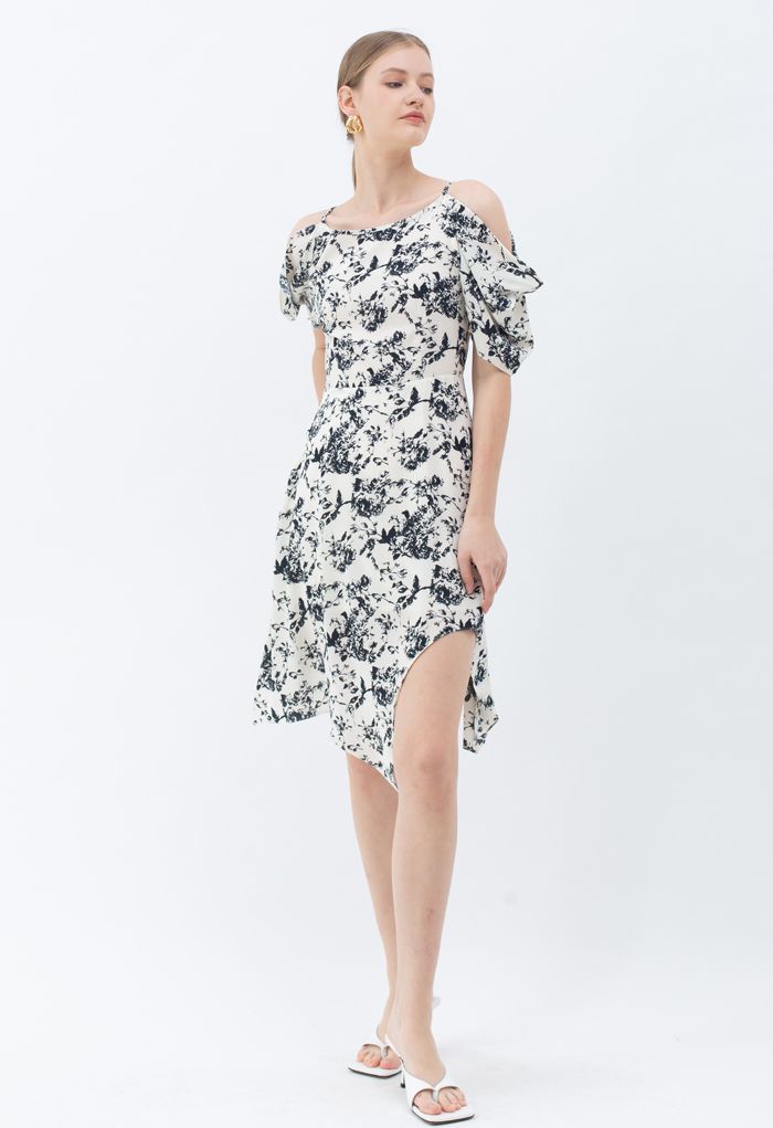 Sketch Floral Print Cold-Shoulder Asymmetric Dress