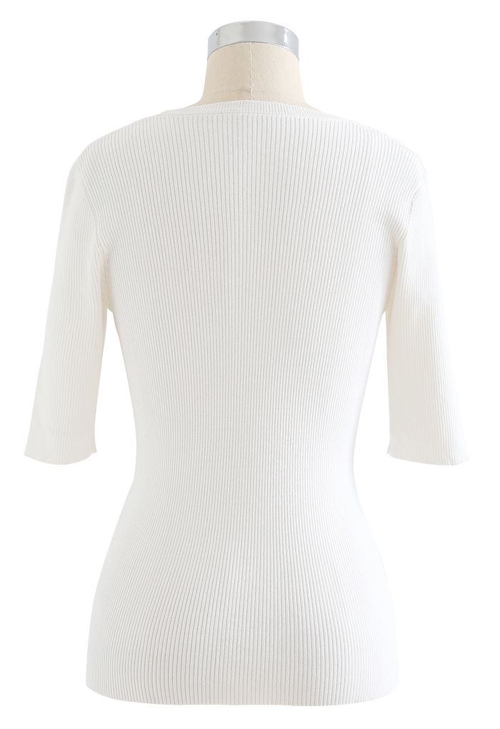 Shoulder Cutout Bowknot Rib Knit Top in White