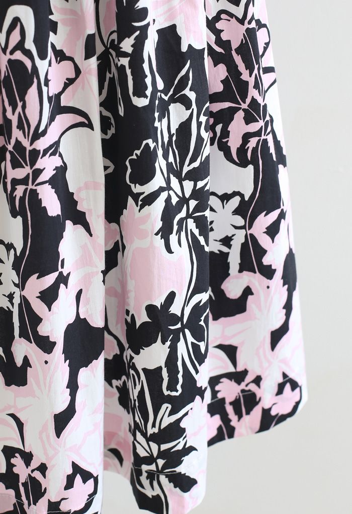 Summer Floral Print Pleated Midi Skirt in Black