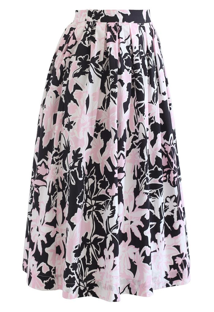 Summer Floral Print Pleated Midi Skirt in Black