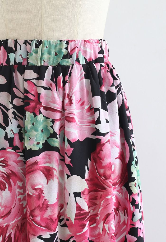 Blooming Peony Watercolor Frill Hem Maxi Skirt in Black
