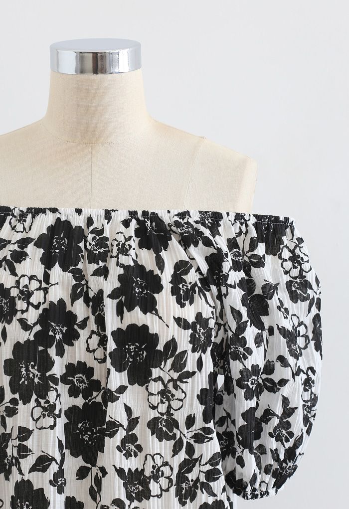 Off-Shoulder Black Floral Textured Top
