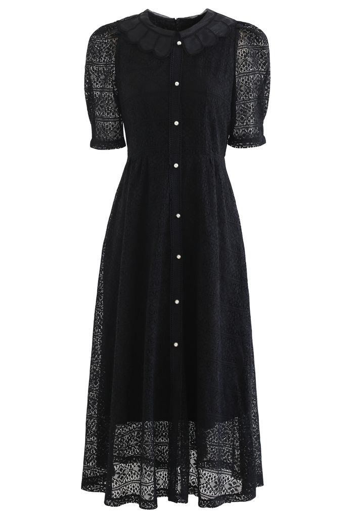 Doll Collar Full Lace Midi Dress in Black