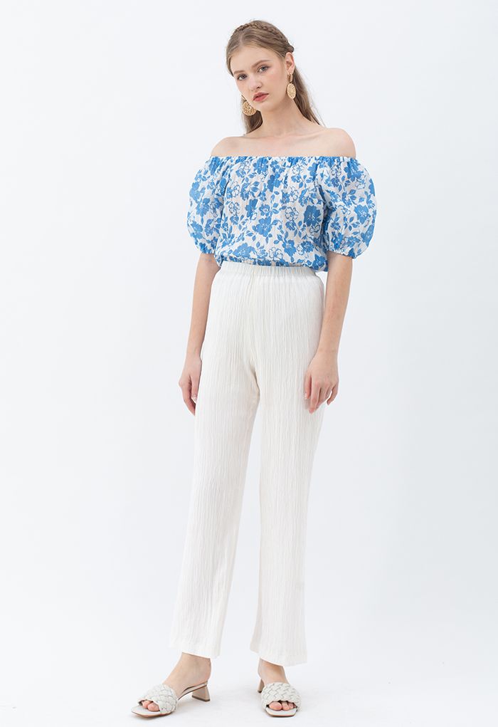 High Waist Pleated Pull-On Pants in White