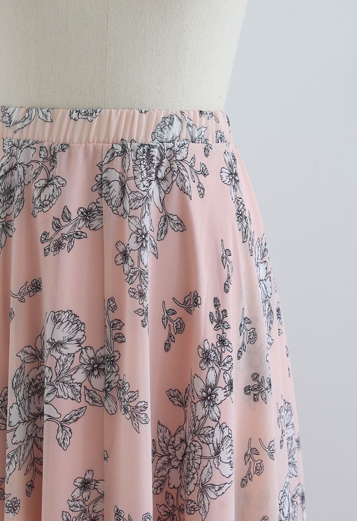 Sketch Peony Chiffon Maxi Skirt in Pink