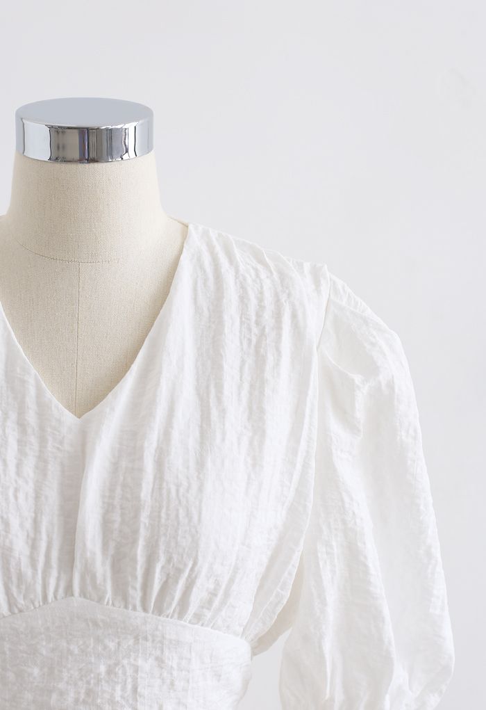 Plaid Jacquard V-Neck Tie Waist Crop Top in White