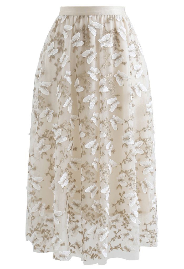 unique 3D Butterfly Double-Layered Mesh Midi Skirt in Cream - Retro, Indie  and Unique Fashion