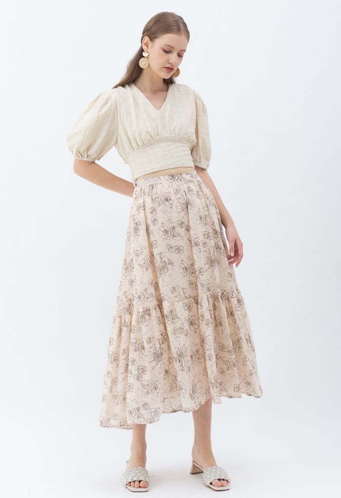 Aesthetic Floral Frill Hem Maxi Skirt in Light Tan