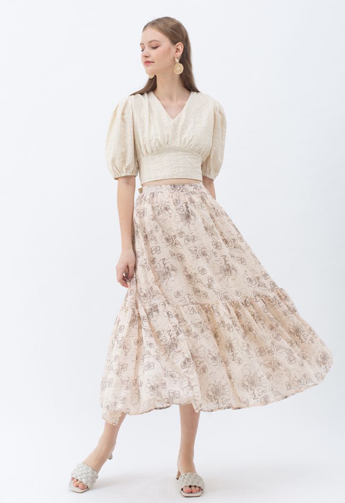 Aesthetic Floral Frill Hem Maxi Skirt in Light Tan