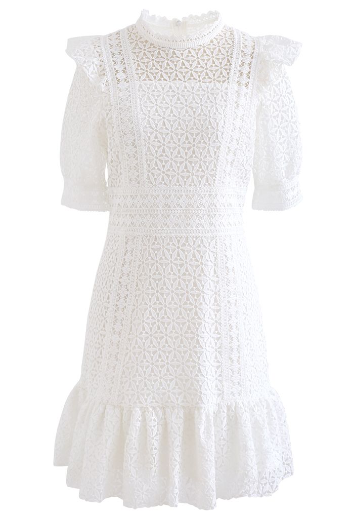 High Neck Full Crochet Mini Dress in White