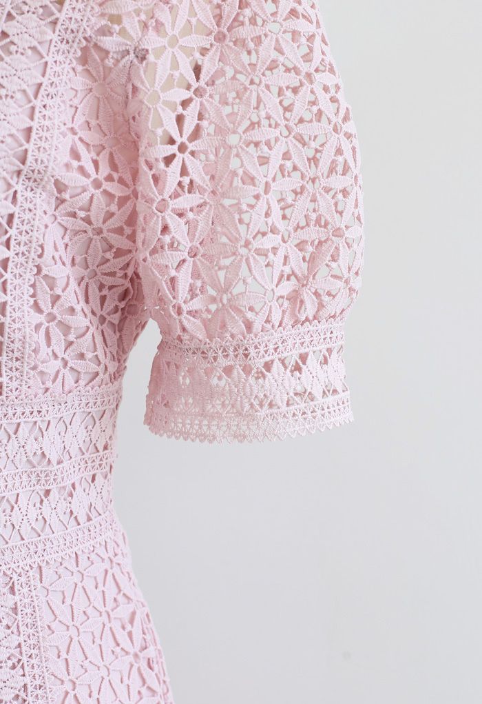 High Neck Full Crochet Mini Dress in Pink