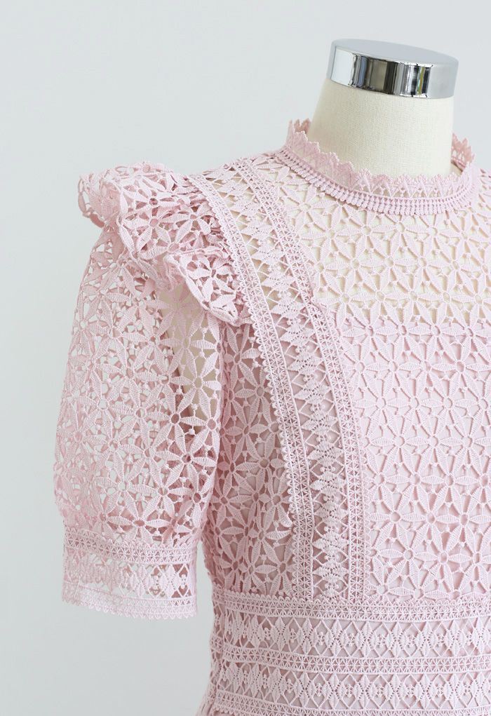High Neck Full Crochet Mini Dress in Pink