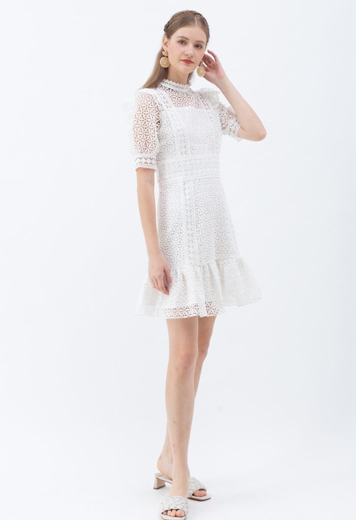 High Neck Full Crochet Mini Dress in White